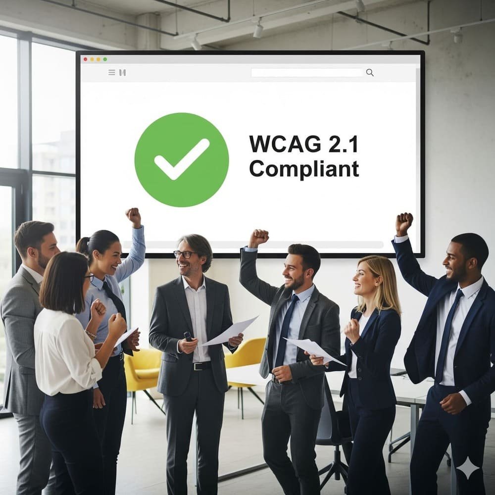 Un grupo diverso de profesionales celebrando el éxito de un proyecto. En el monitor detrás de ellos, se muestra un sitio web con una marca de verificación que indica "WCAG 2.1 Compliant", simbolizando un resultado de negocio positivo.