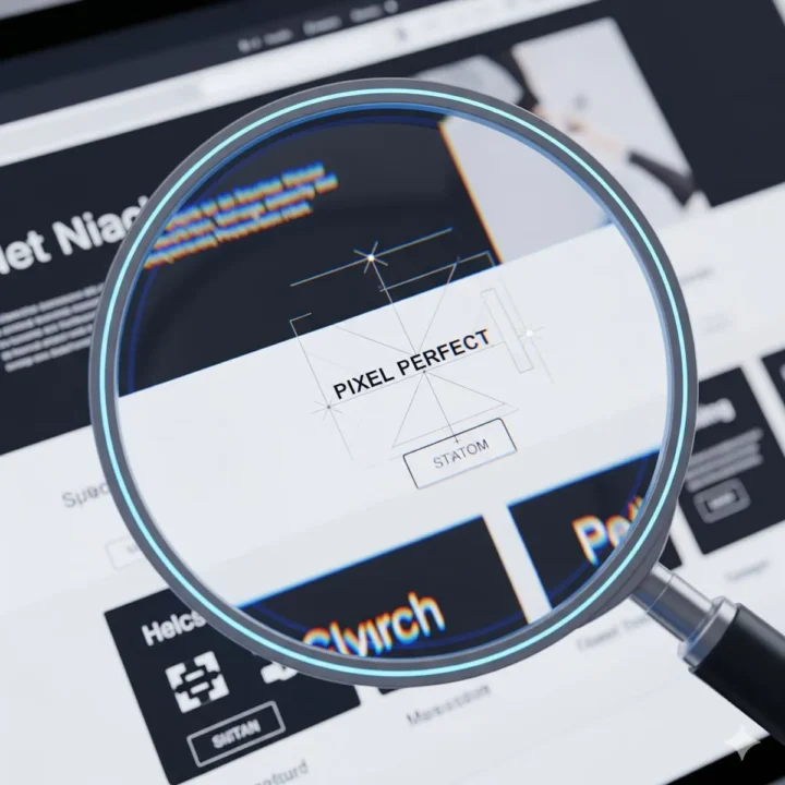 Lupa examinando un sitio web en una pantalla de ordenador para garantizar precisión pixel perfect.