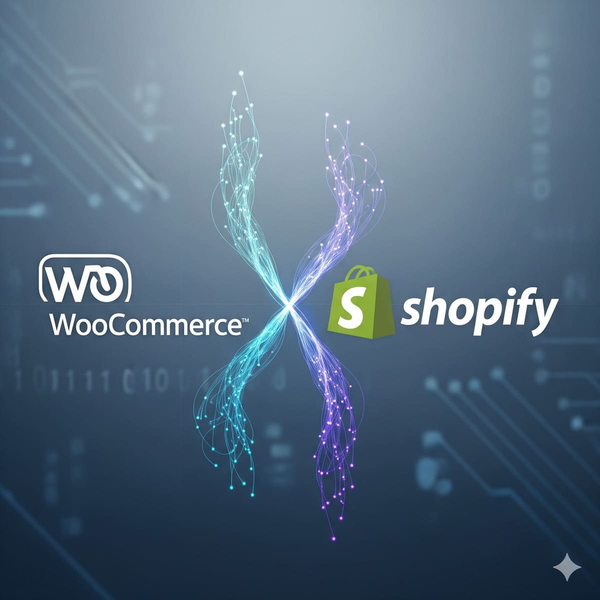 Logos de WooCommerce y Shopify conectados, ilustrando la integración de plataformas de e-commerce.