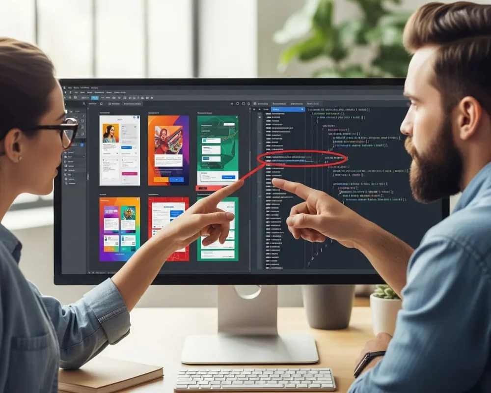Diseñador y programador colaborando en una pantalla para maquetar un diseño web.