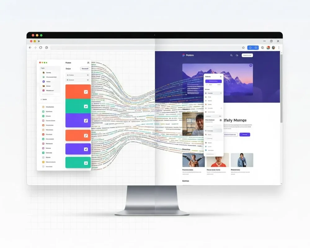 Maqueta de diseño (Figma) transformándose en una web funcional en una pantalla.