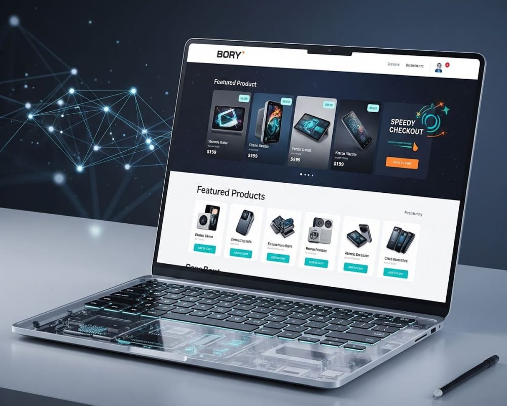 Tienda online de alto rendimiento en una pantalla de laptop, simbolizando velocidad y eficiencia.