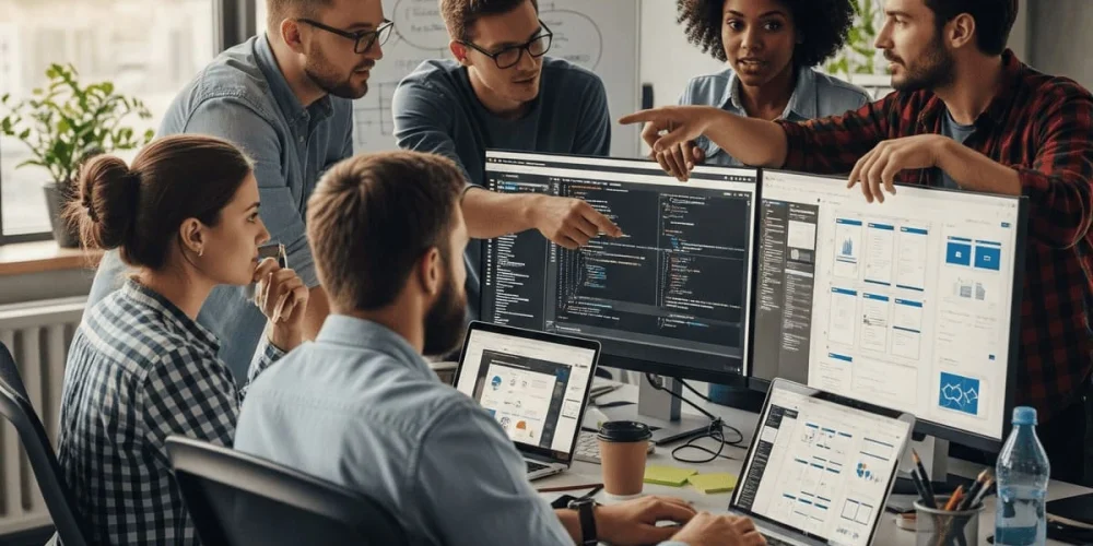 Un equipo de desarrollo web para agencias colabora en un proyecto complejo de outsourcing.